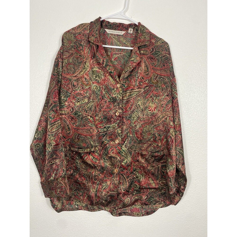 Victoria's Secret Vintage 90's Red Green Gold Paisley Night Shirt Size M - Picture 2 of 13